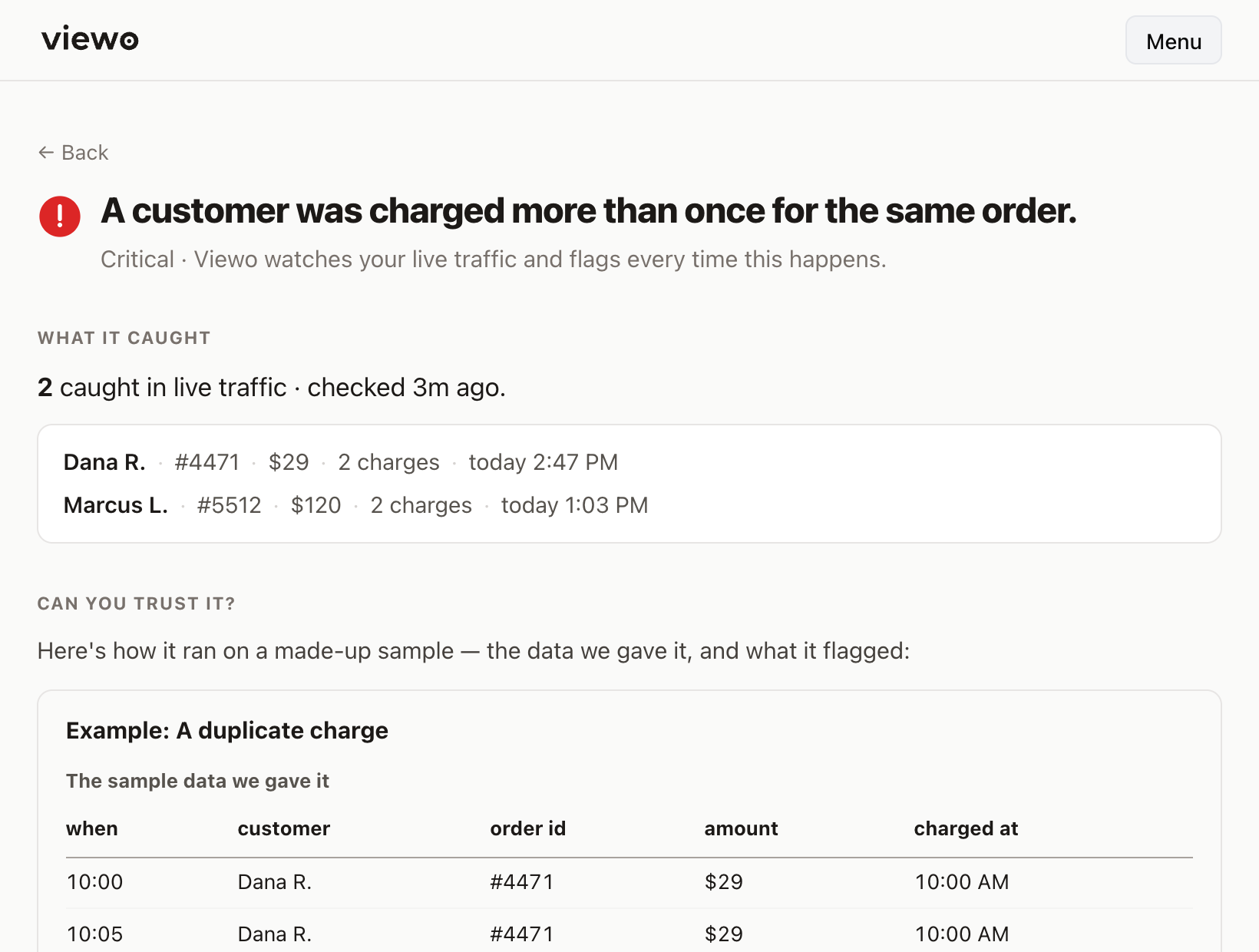 A Viewo check — what it caught, and the worked example proving it does the right thing.